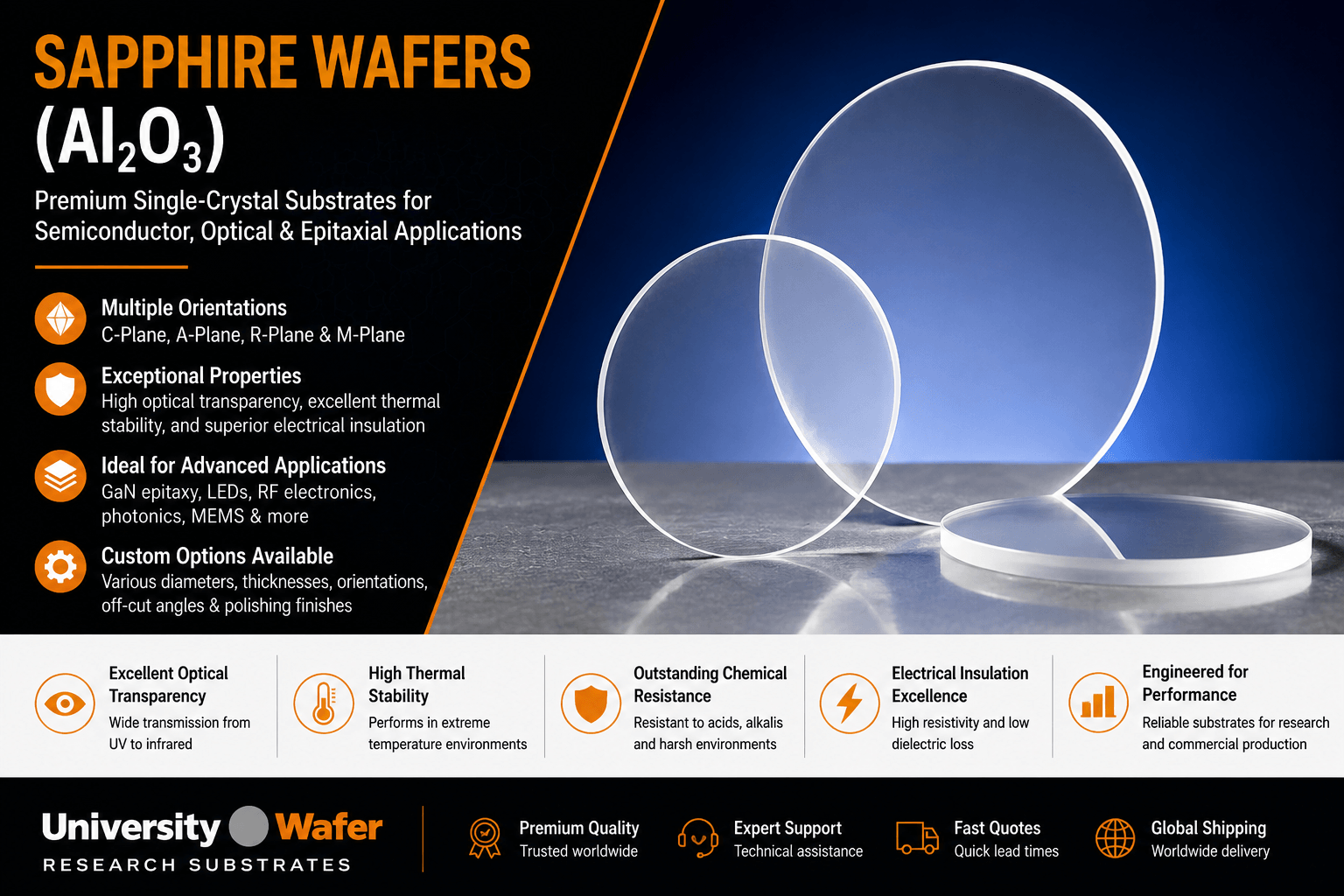 Sapphire wafers Al2O3 infographic showing C-plane, A-plane, R-plane and M-plane orientations for semiconductor, optical and epitaxial applications