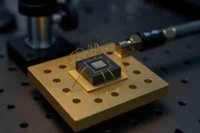 Surface acoustic wave sensor chip with gold interdigital electrodes mounted on a piezoelectric substrate