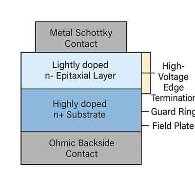 Schottky Barrier Diode Structure Diagram Schottky barrier diode structure showing metal–semiconductor junction, epitaxial layer, substrate, and edge termination