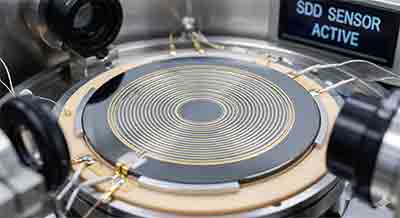 Silicon Drift Detector (SDD) sensor with gold concentric rings mounted in a vacuum chamber for scientific measurement, with a display reading 'SDD SENSOR ACTIVE'