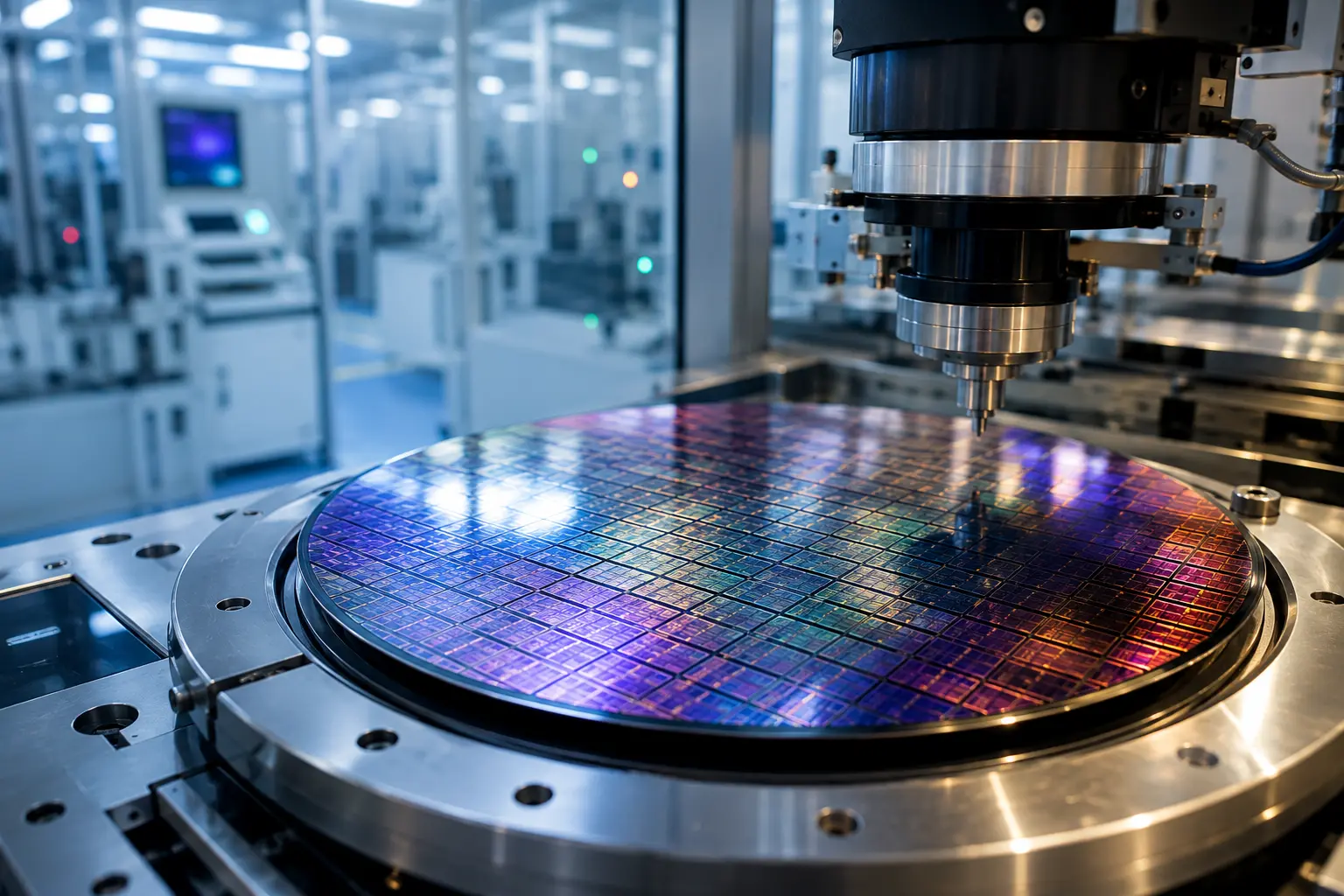 Silicon wafer processing inside an advanced semiconductor cleanroom facility
