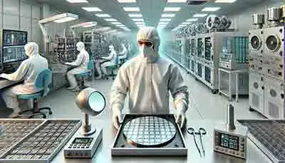 Semiconductor engineer inspecting a silicon wafer in a fabrication lab