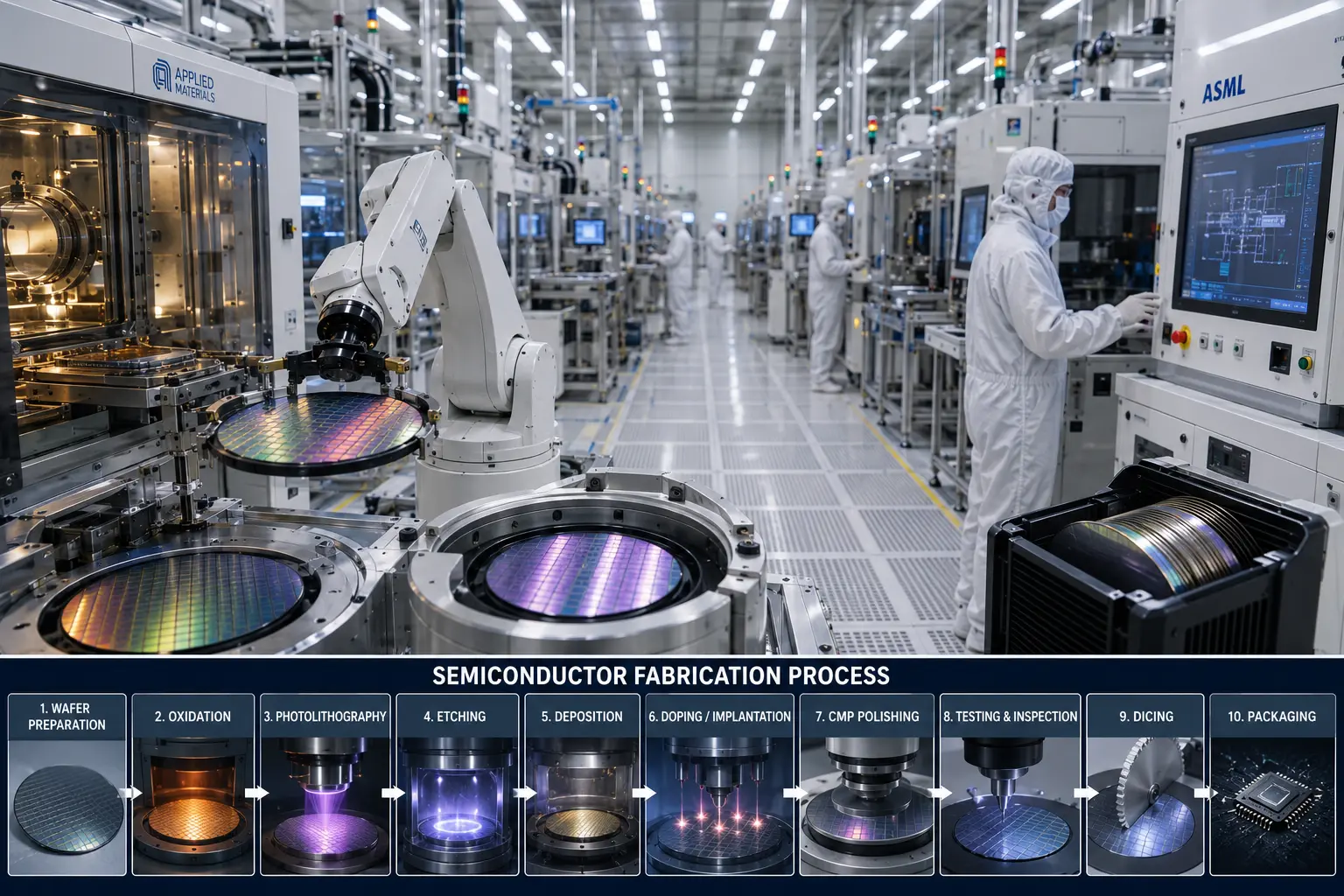 Semiconductor fabrication process inside an advanced cleanroom with wafer handling robots and semiconductor processing equipment