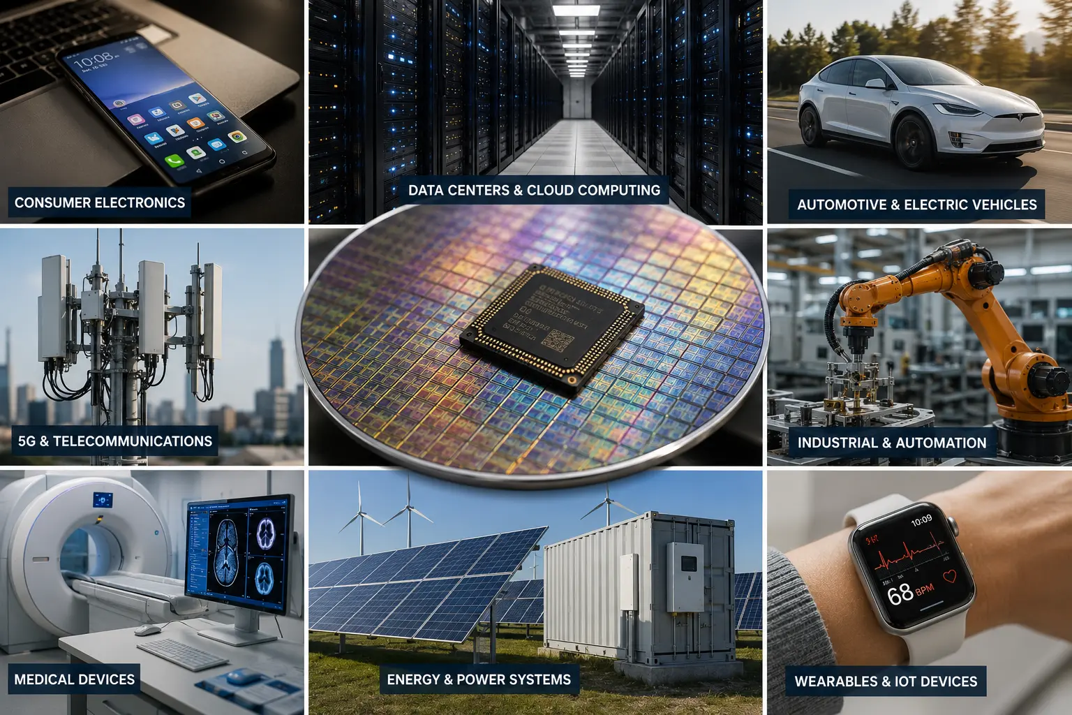 Realistic semiconductor manufacturing applications including consumer electronics, data centers, electric vehicles, 5G, industrial automation, medical devices, energy systems, and IoT devices