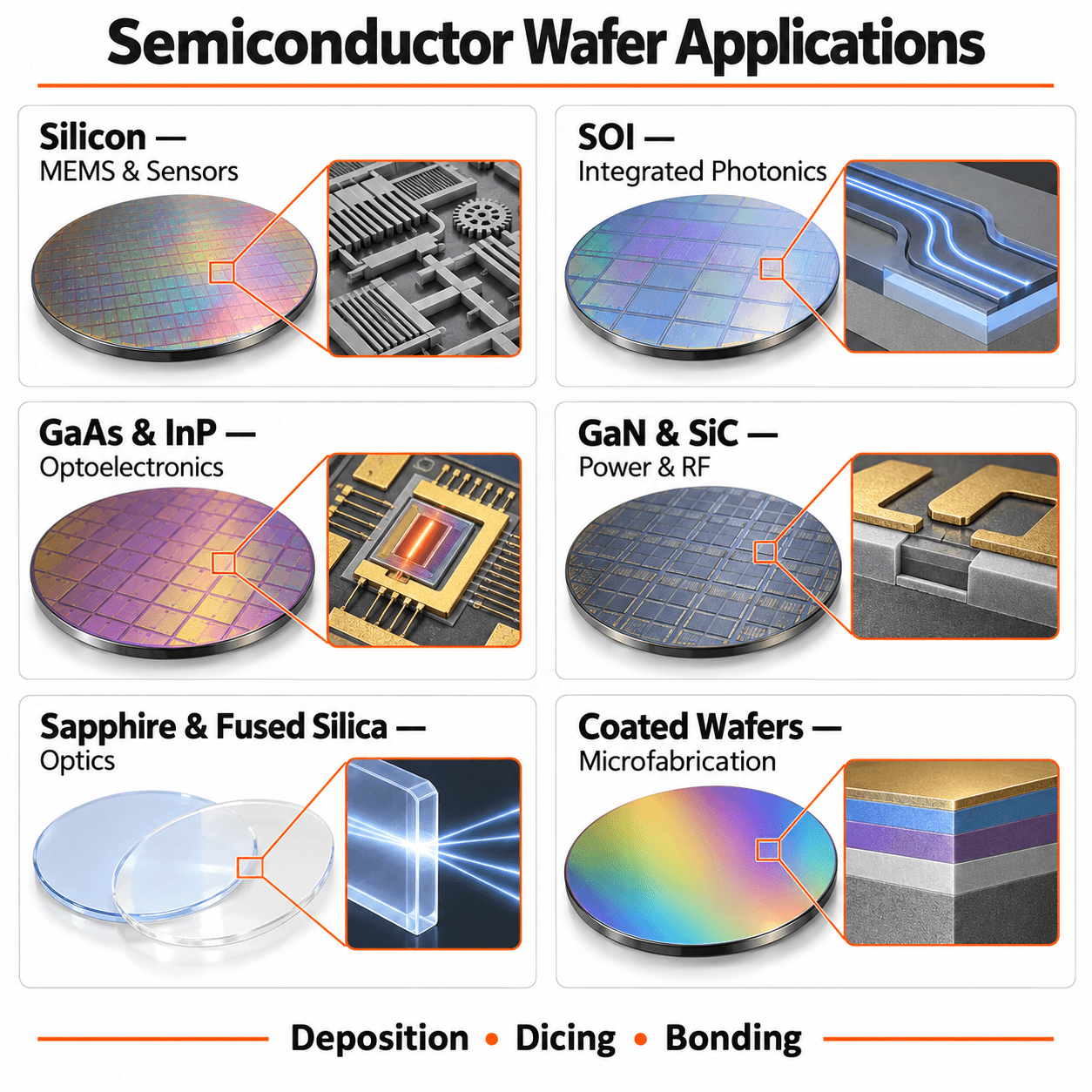 Infografía de aplicaciones de wafers de silicio, SOI, GaAs, InP, GaN, SiC, zafiro, sílice fundida y wafers recubiertos