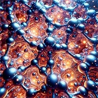 A close-up view showing the shimmering nature of quantum materials, highlighting intricate atomic patterns and glowing interaction nodes.