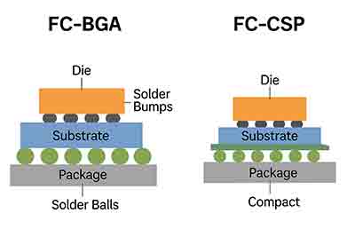 Side-by-side diagram comparing FC-BGA and FC-CSP semiconductor packaging showing die, solder bumps, substrate, and solder balls