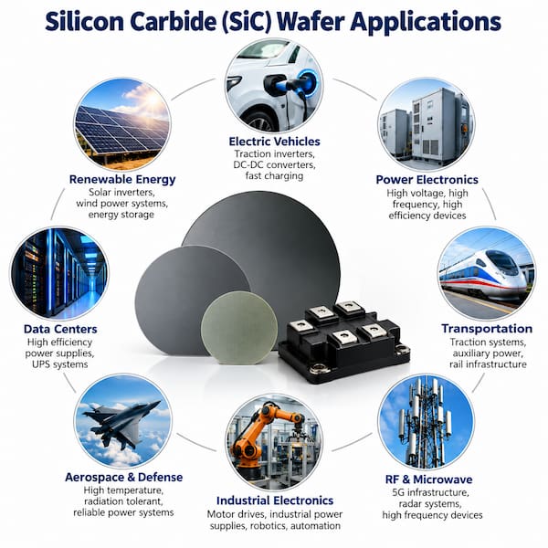 Illustration of silicon carbide wafers with a power electronics module