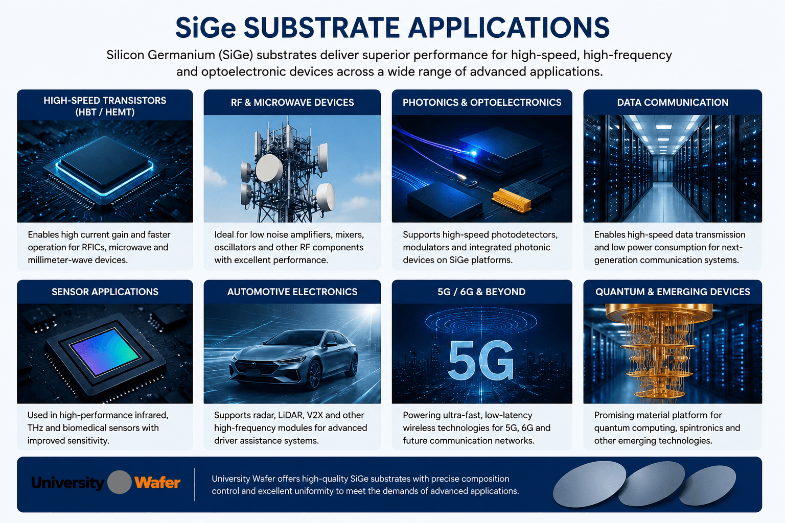 Silicon germanium SiGe substrate applications including high-speed transistors, RF and microwave devices, photonics, sensors, automotive electronics, 5G and quantum technologies