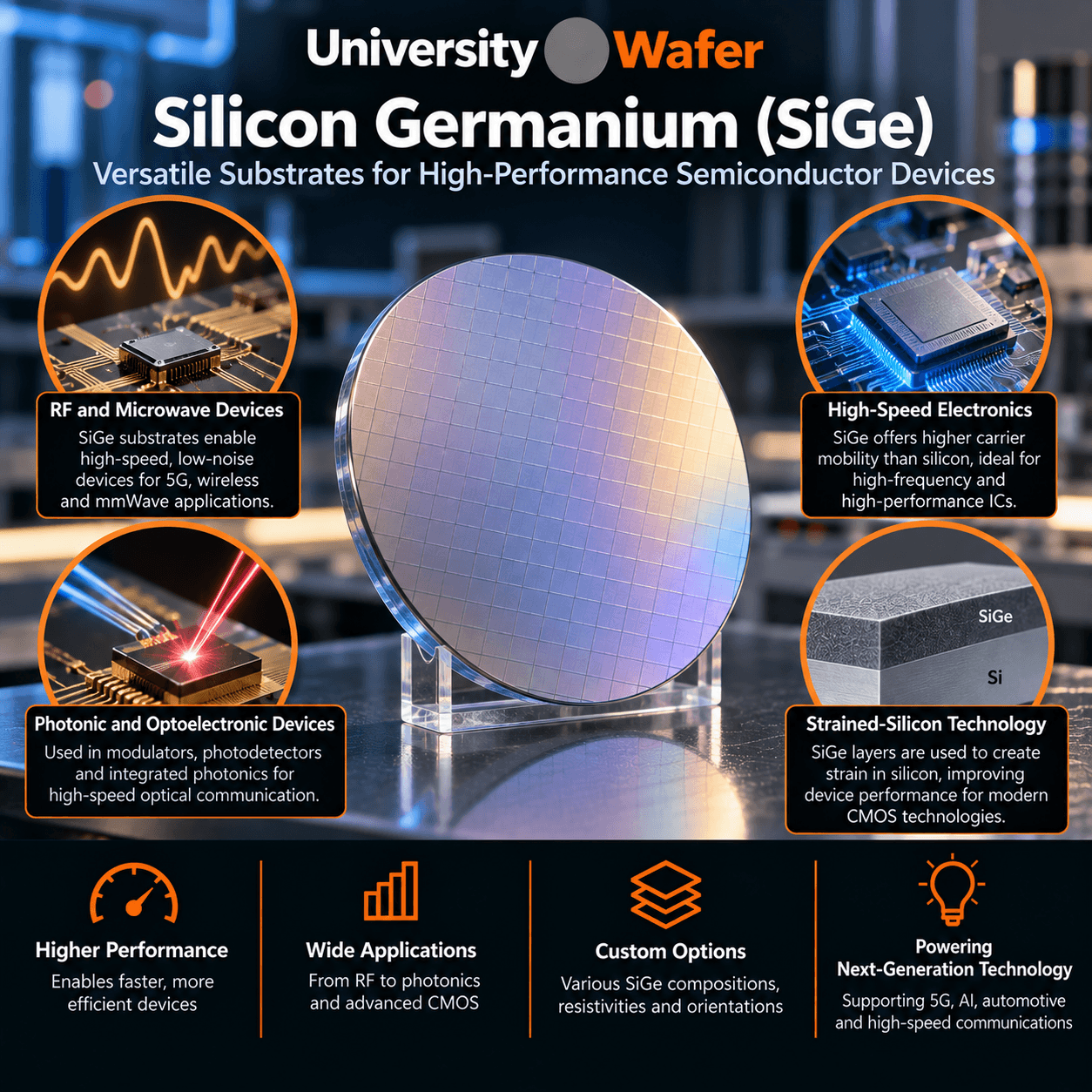 Silicon germanium SiGe wafer applications including RF devices, photonics, high-speed electronics, and strained-silicon technology