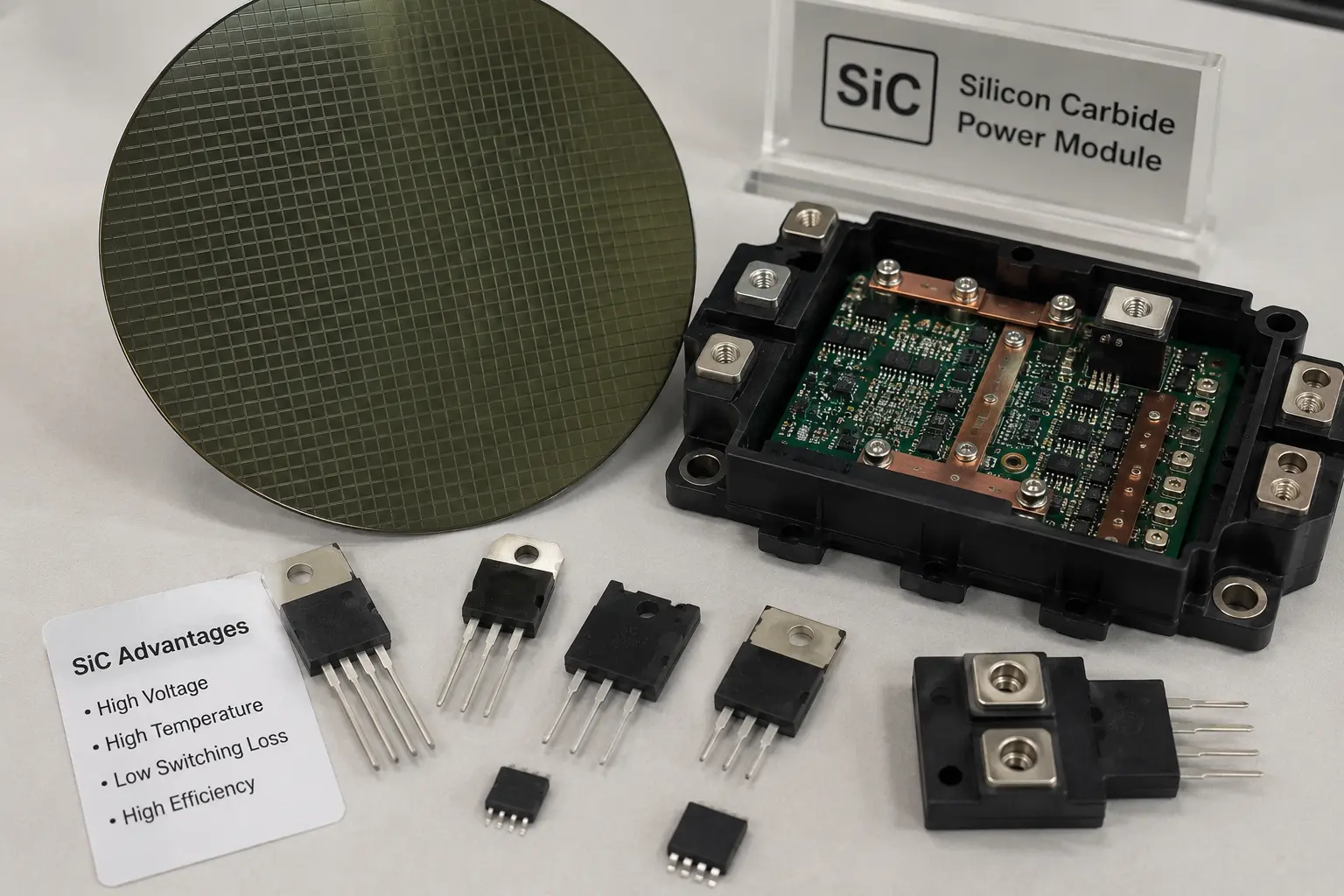 Silicon carbide wafer and SiC power electronics module for EV chargers and high-voltage semiconductor applications