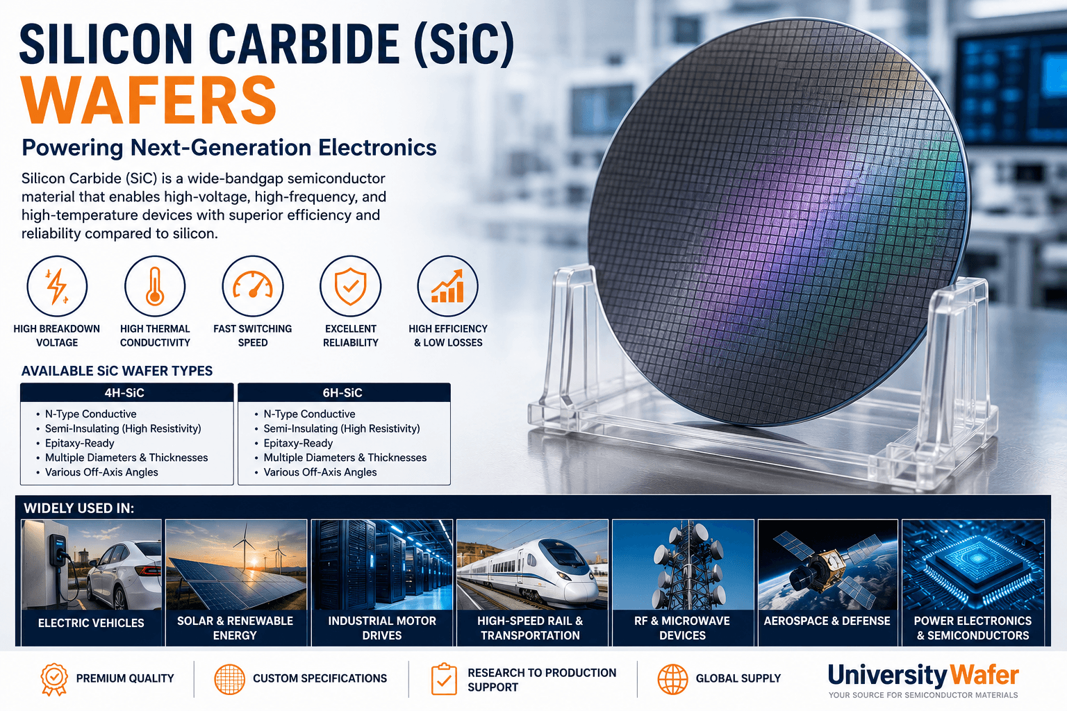 Silicon carbide (SiC) wafer for power electronics, electric vehicles, RF devices, and high-temperature semiconductor applications