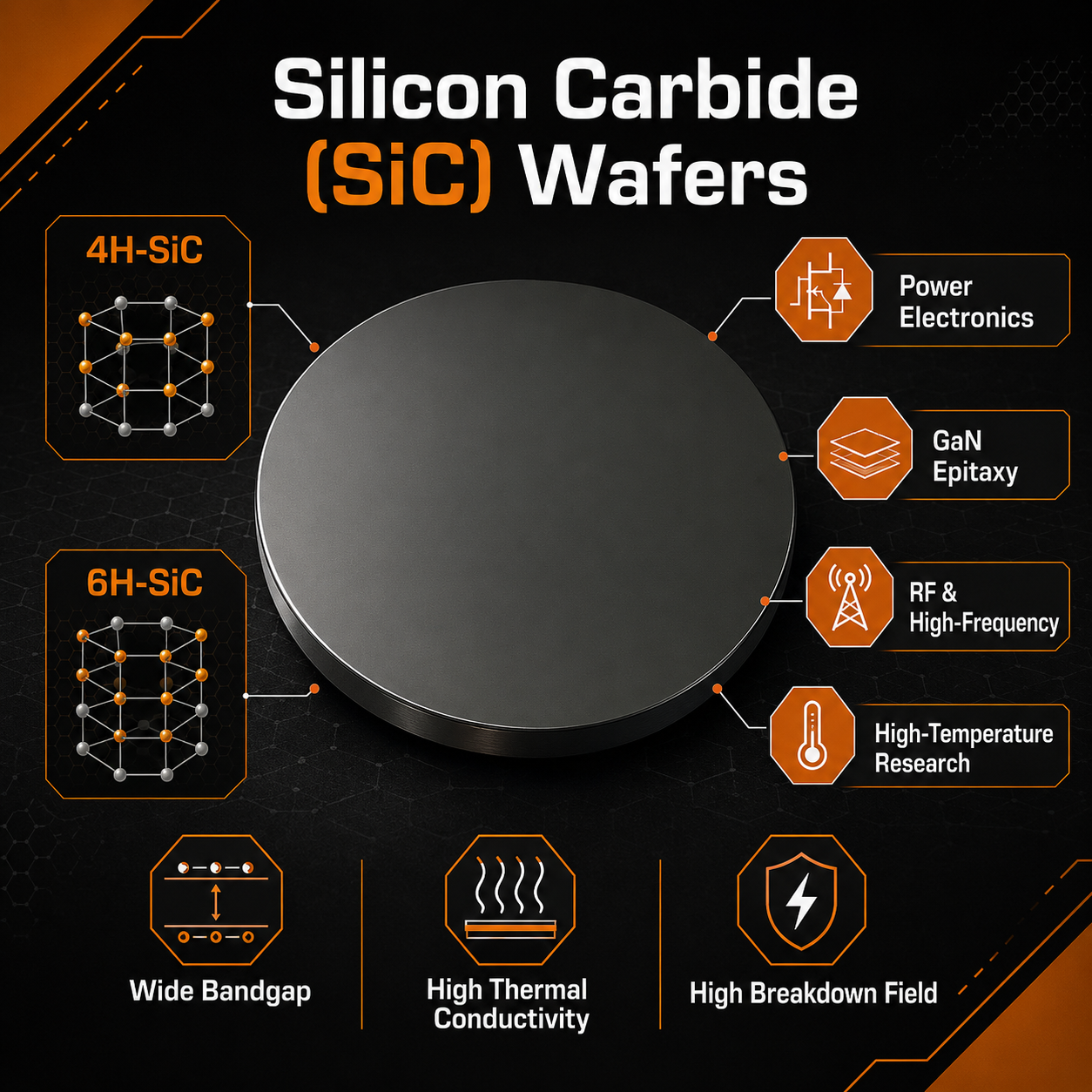 Silicon Carbide SiC wafer infographic showing 4H-SiC, 6H-SiC, power electronics, GaN epitaxy and RF research applications