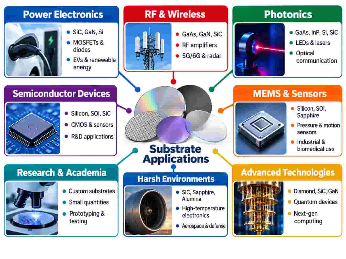 Semiconductor substrate applications in power electronics, RF communications, photonics, MEMS, and sensors