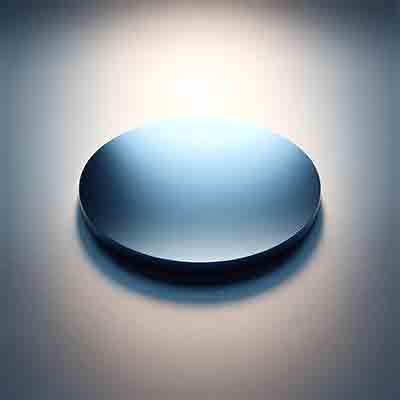 thermal oxide coated silicon substrate. The substrate is depicted as a flat, circular disk with a shiny, smooth surface and a slightly bluish tint due to the thermal oxide coating. The background is neutral to emphasize the substrate's features.