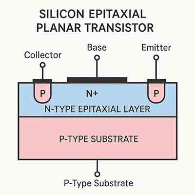 Silicon Epitaxial Planar Transistor Cross-Section Diagram" Cross-sectional diagram of a silicon epitaxial planar transistor showing emitter, base, collector, N-type epitaxial layer, and P-type substrate