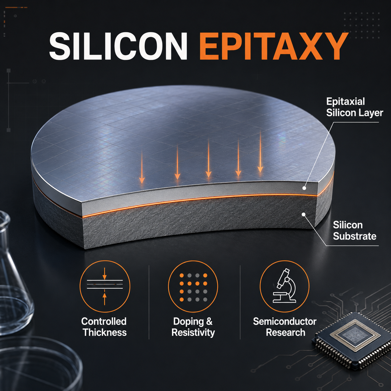 Silicon epitaxy infographic showing an epitaxial silicon layer on a silicon wafer for semiconductor and device research