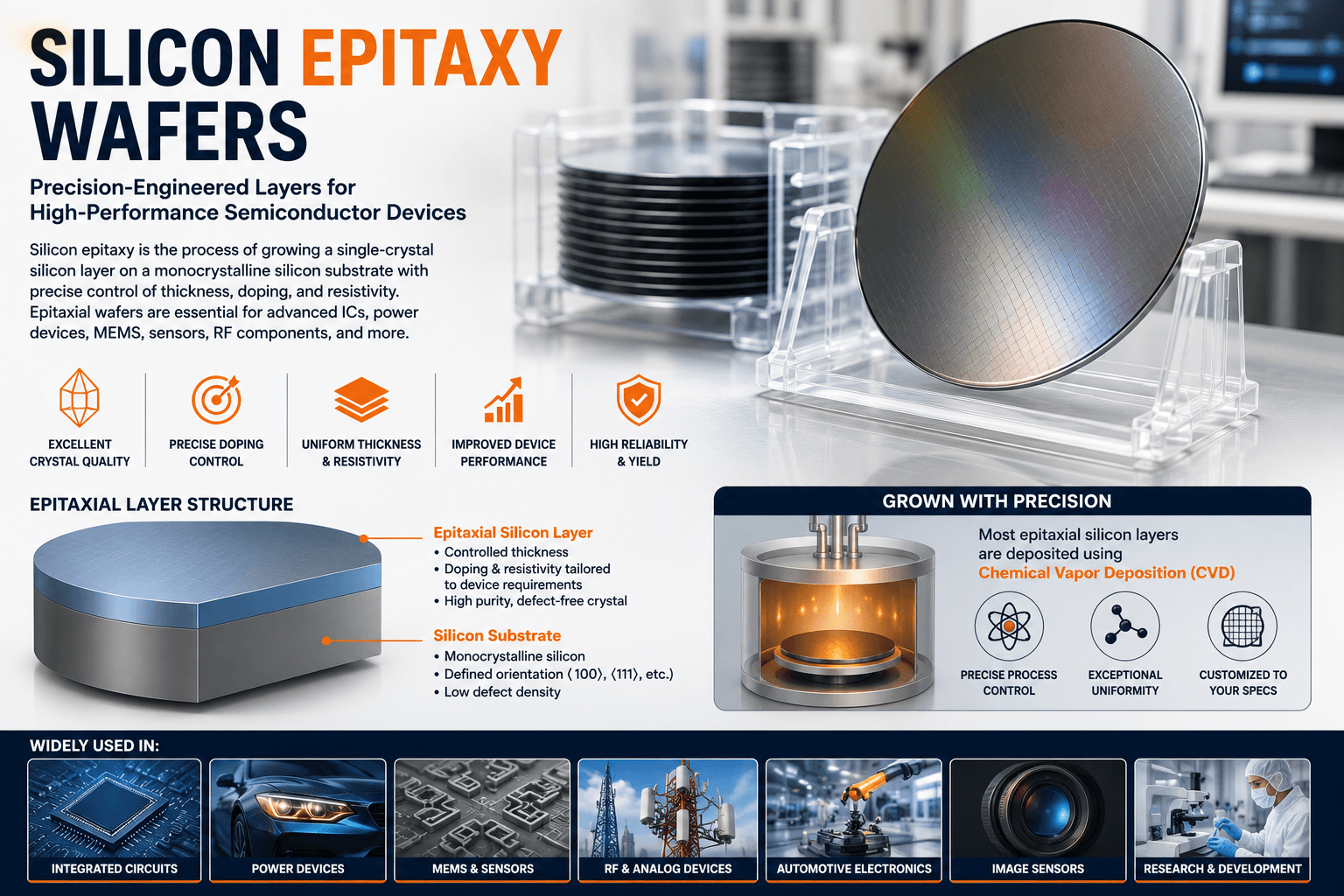 Silicon epitaxy wafer infographic showing epitaxial layer structure, CVD growth process, and semiconductor applications