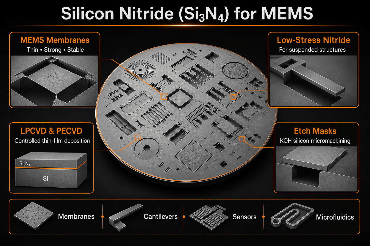 Silicon nitride Si3N4 MEMS infographic showing membranes, low-stress nitride, LPCVD, PECVD, etch masks, cantilevers and sensors