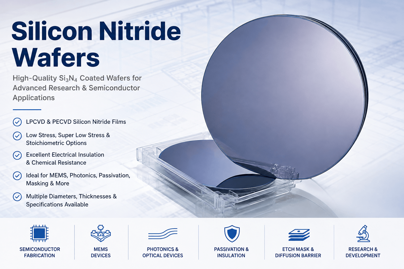 Silicon nitride wafer for MEMS, photonics, semiconductor fabrication and research