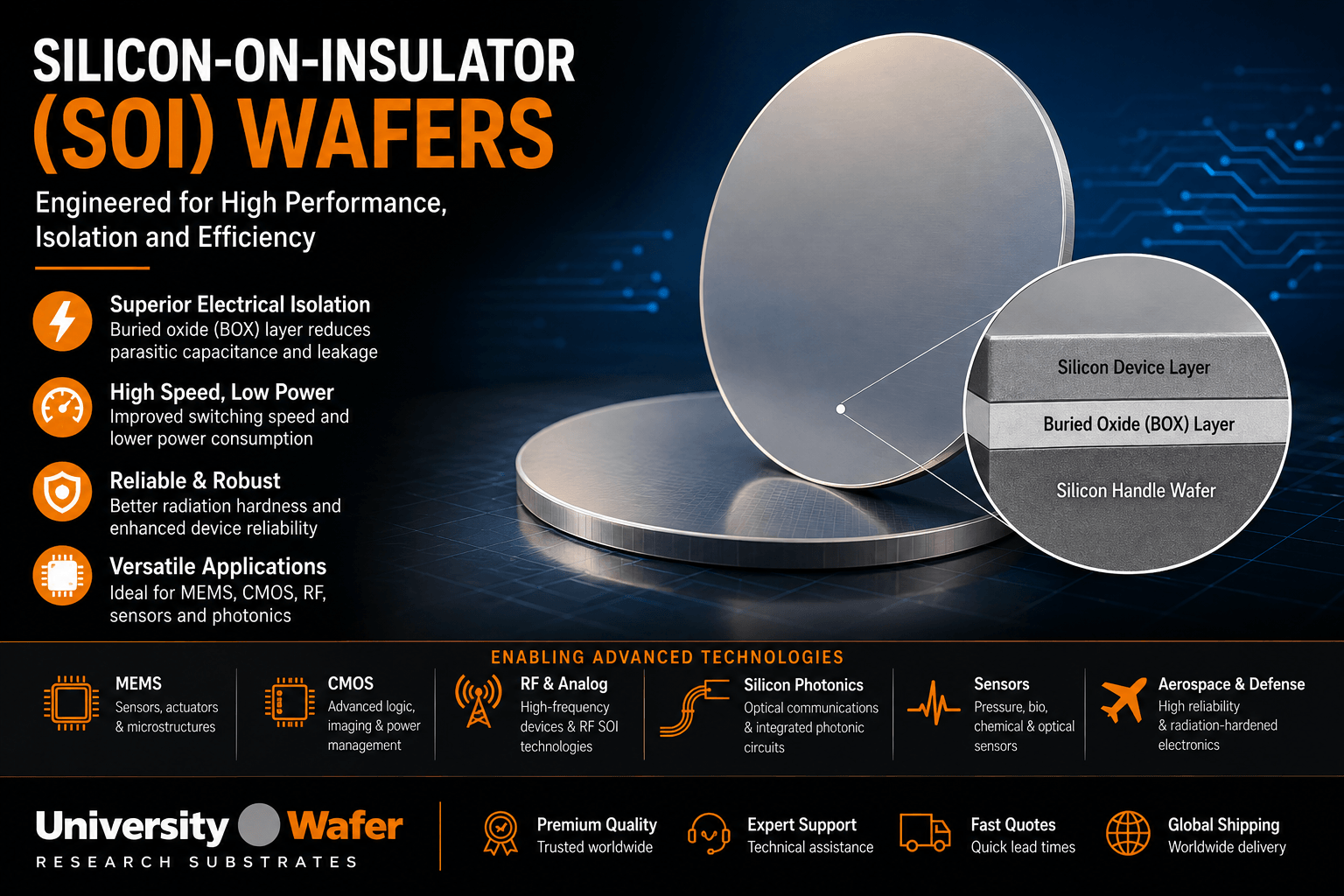 Silicon-on-insulator SOI wafer infographic showing the silicon device layer, buried oxide BOX layer, handle wafer, benefits and applications