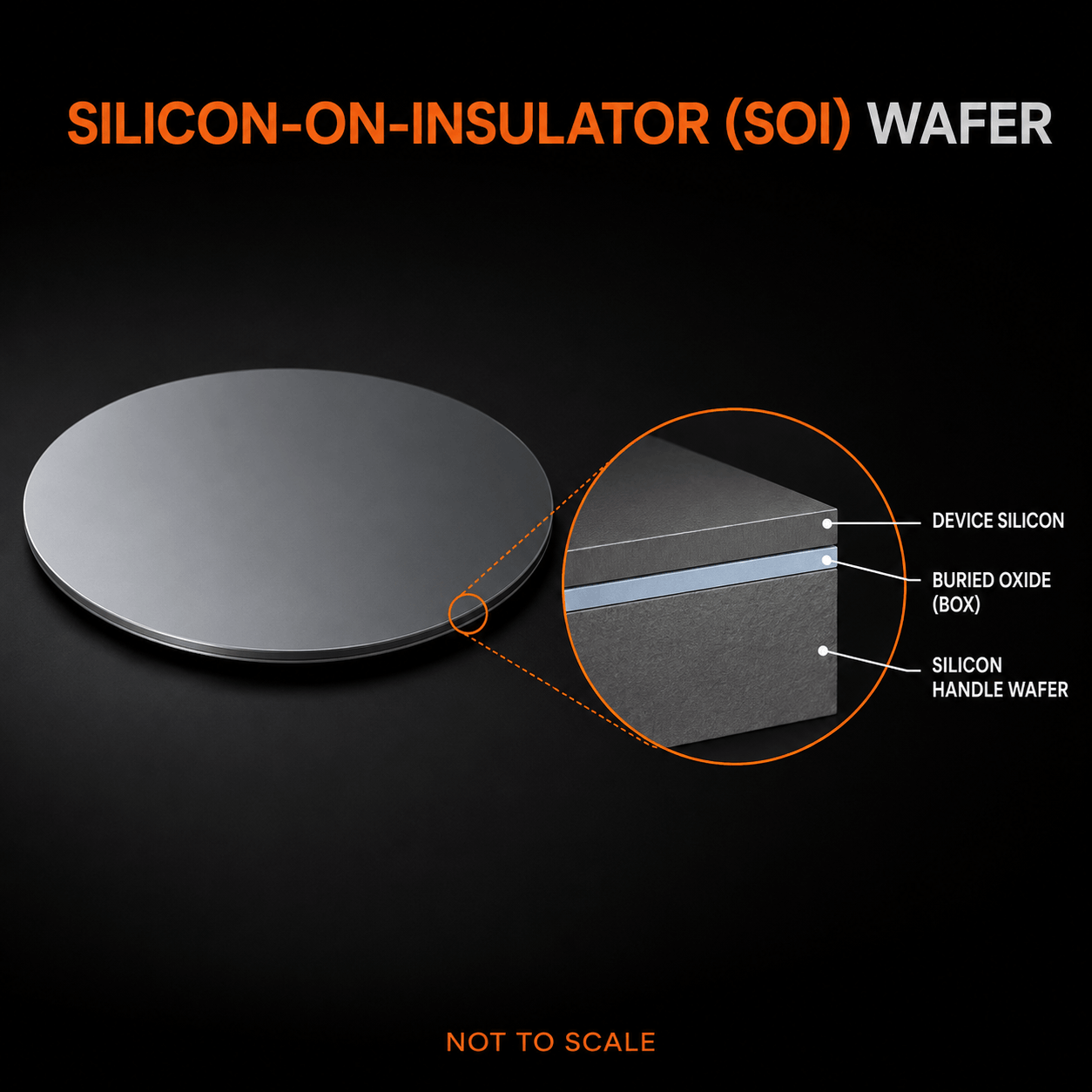 Silicon-on-insulator wafer infographic showing the silicon device layer, buried oxide BOX layer and silicon handle wafer