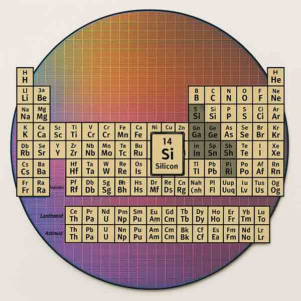 Periodic table of elements overlaid on a colorful silicon wafer with Silicon (Si) highlighted"