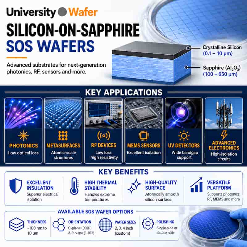 Silicon-on-sapphire SoS wafer applications including photonics, metasurfaces, RF devices, MEMS sensors, UV detectors and advanced electronics