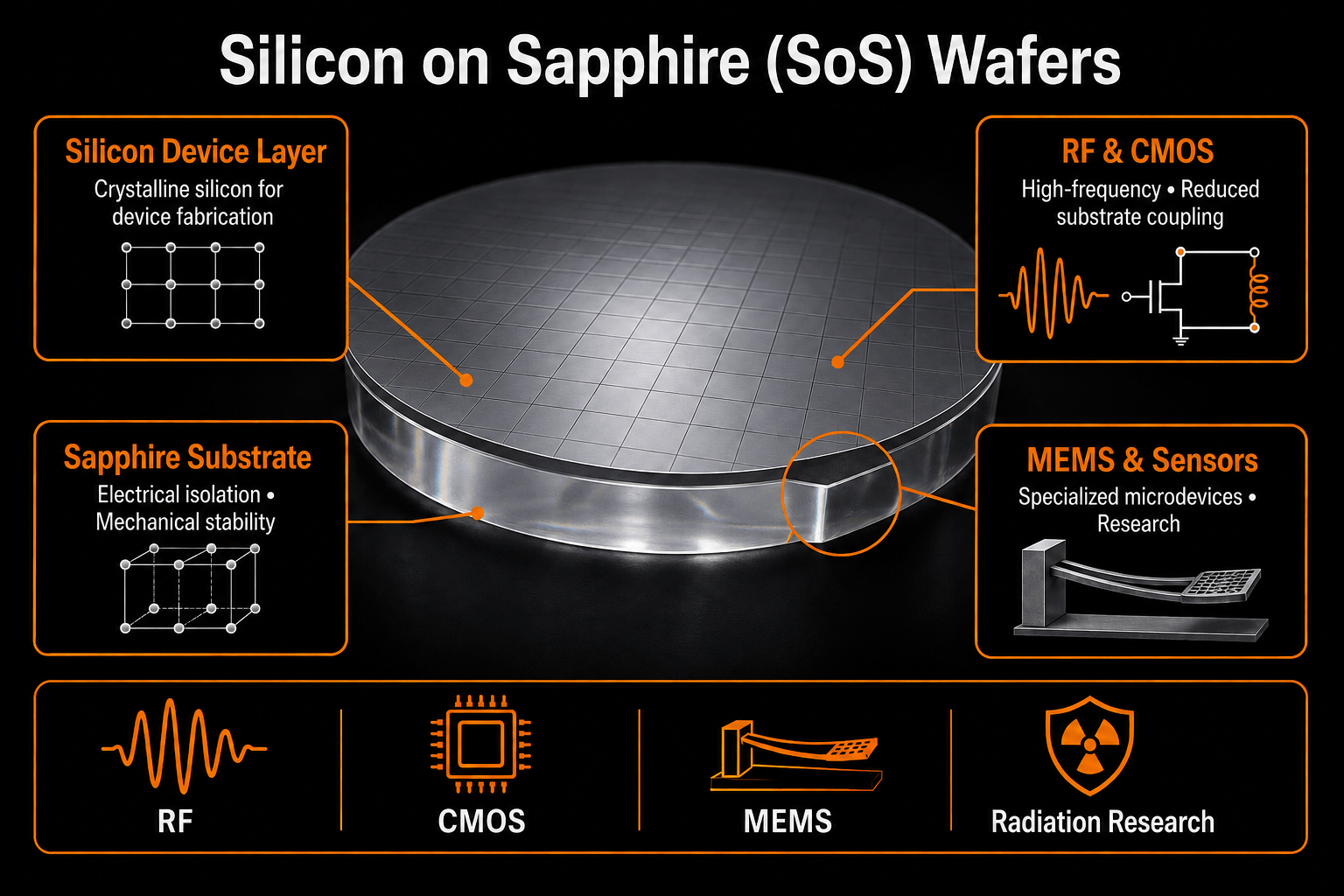 Silicon on Sapphire SoS wafer infographic showing silicon device layer, sapphire substrate, RF, CMOS, MEMS and radiation research applications