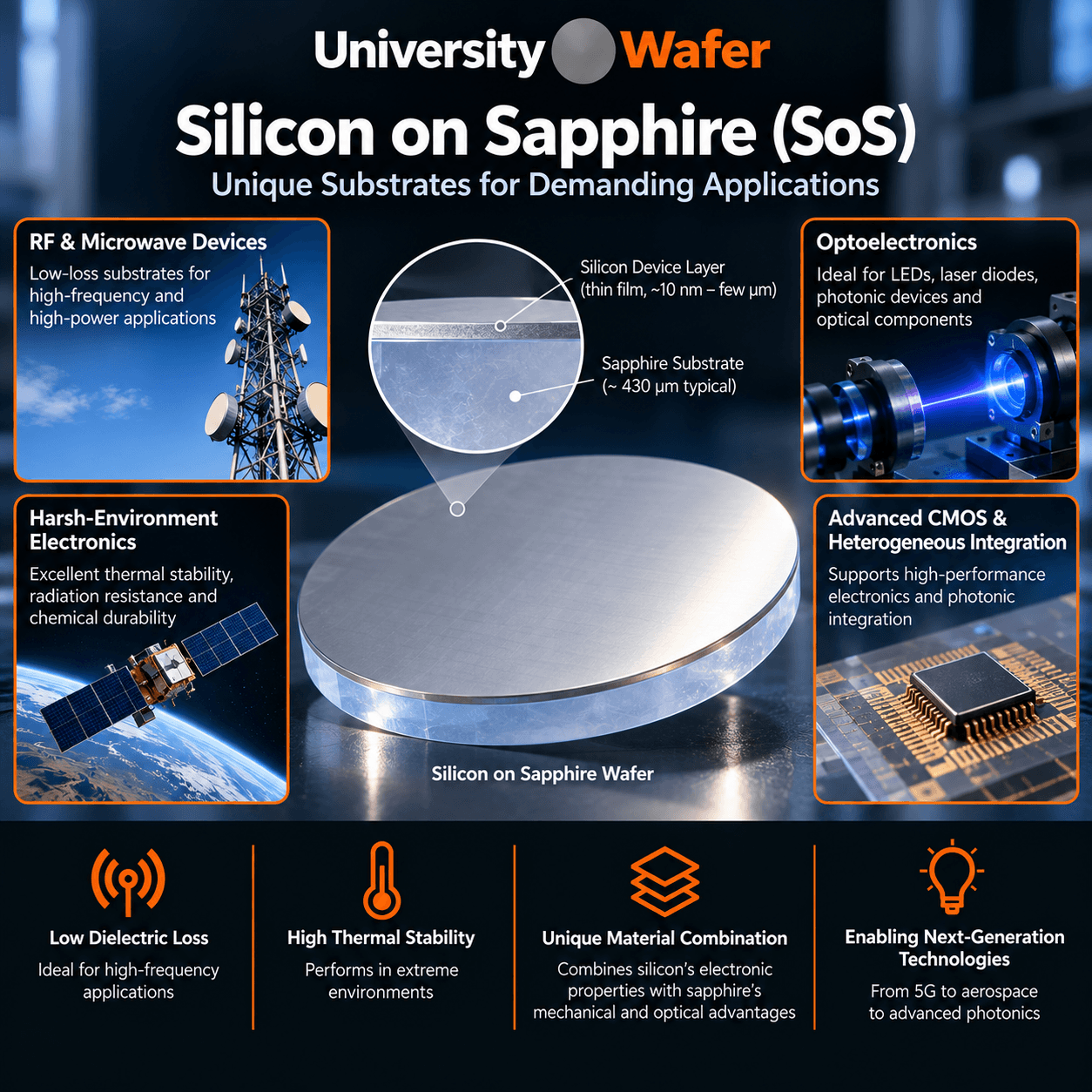 Silicon on sapphire SoS substrate applications including RF and microwave devices, optoelectronics, harsh-environment electronics, and advanced CMOS integration