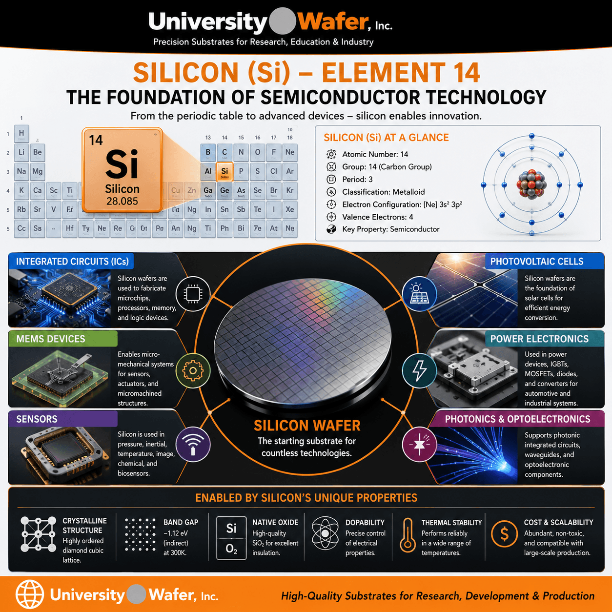 Silicon periodic table element 14 and silicon wafer applications in integrated circuits, MEMS, sensors, photovoltaics, power electronics and photonics