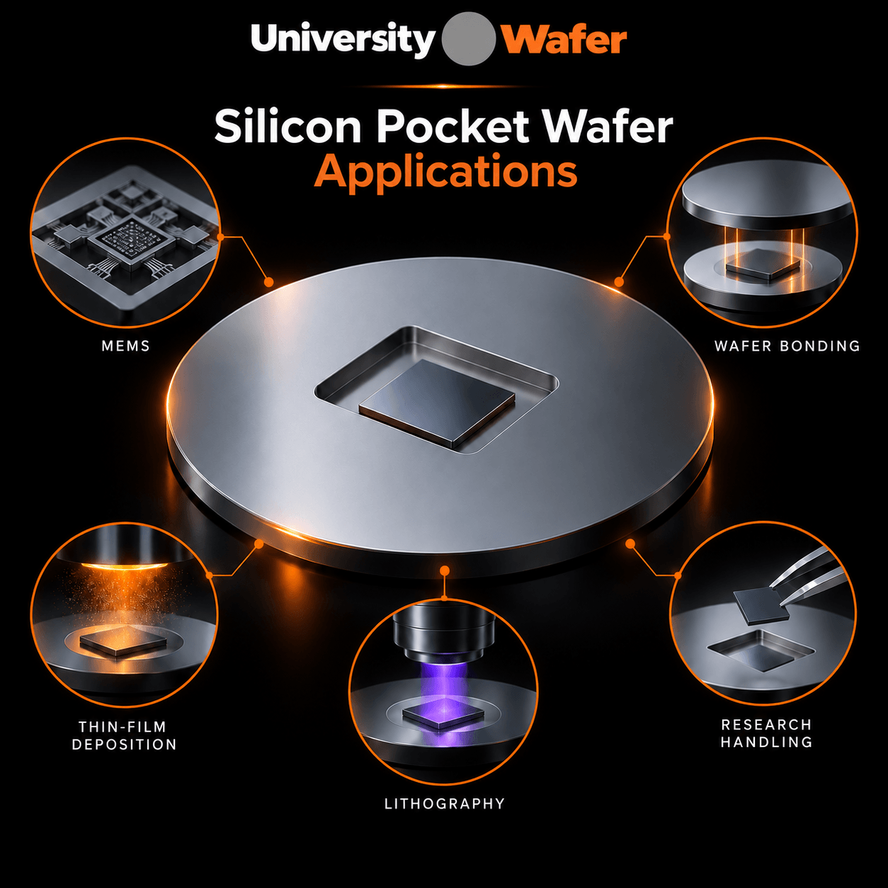 Silicon pocket wafer applications including MEMS, wafer bonding, thin-film deposition, lithography, and research handling