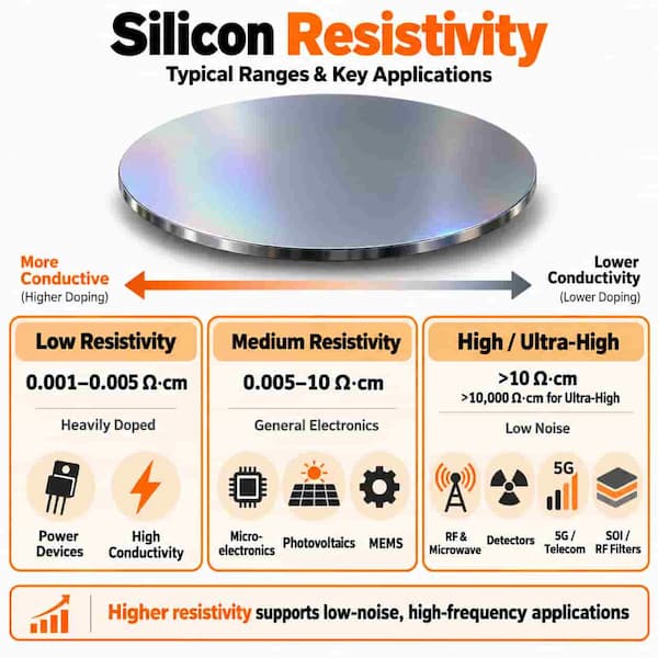 Silicon resistivity ranges and substrate applications including power devices, microelectronics, photovoltaics, MEMS, RF, detectors, telecom, and SOI