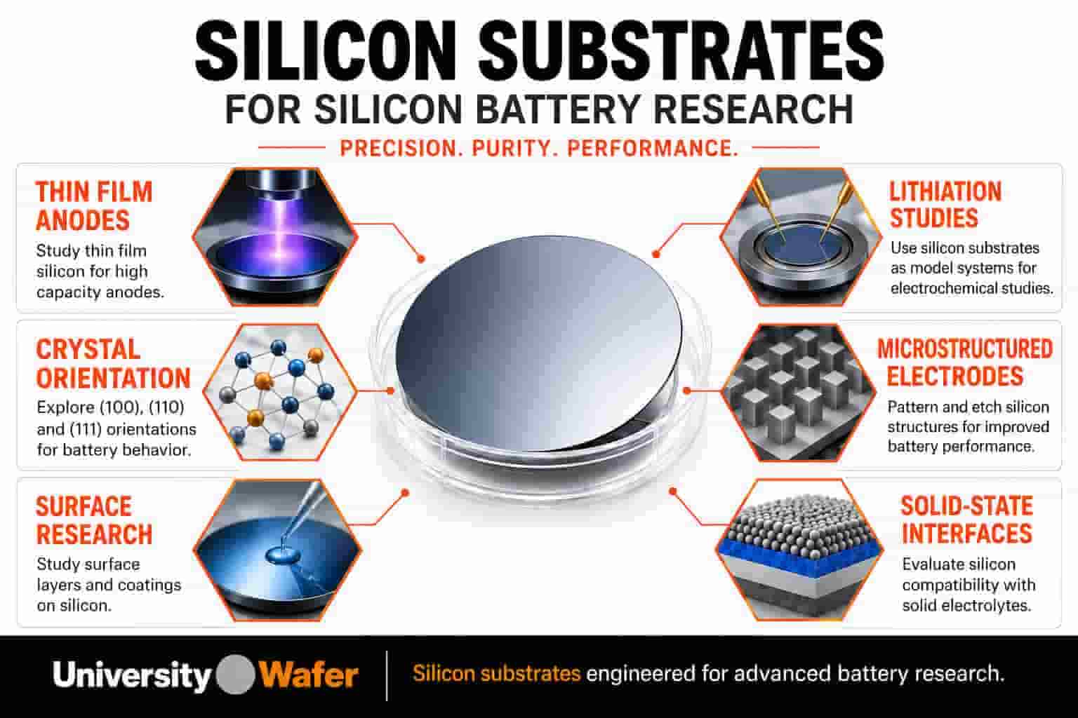 Silicon substrates for battery research including thin-film silicon anodes, lithiation experiments, microstructured electrodes, and solid-state battery interfaces