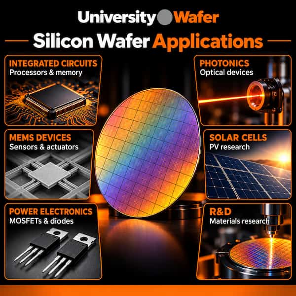 Silicon wafer applications including integrated circuits, MEMS devices, power electronics, photonics, solar cells, and semiconductor research