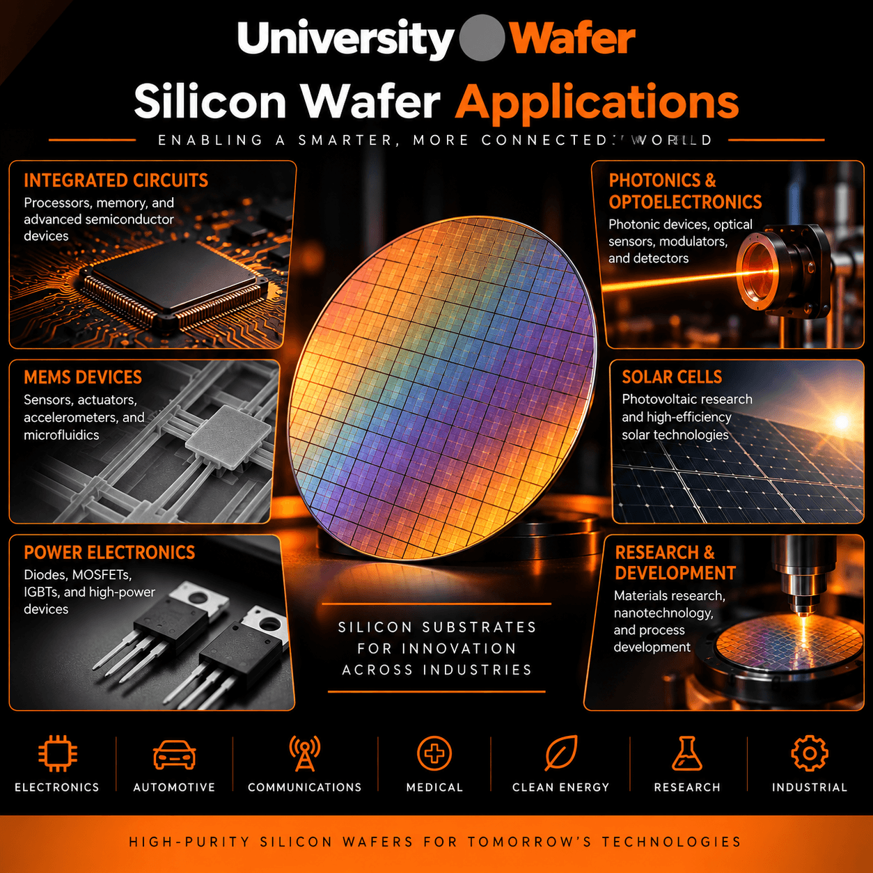 Silicon wafer applications including integrated circuits, MEMS devices, power electronics, photonics, solar cells, and semiconductor research