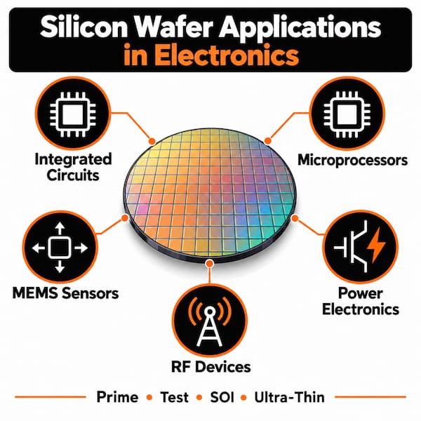 Silicon wafer applications in electronics including integrated circuits, microprocessors, MEMS sensors, RF devices, and power electronics