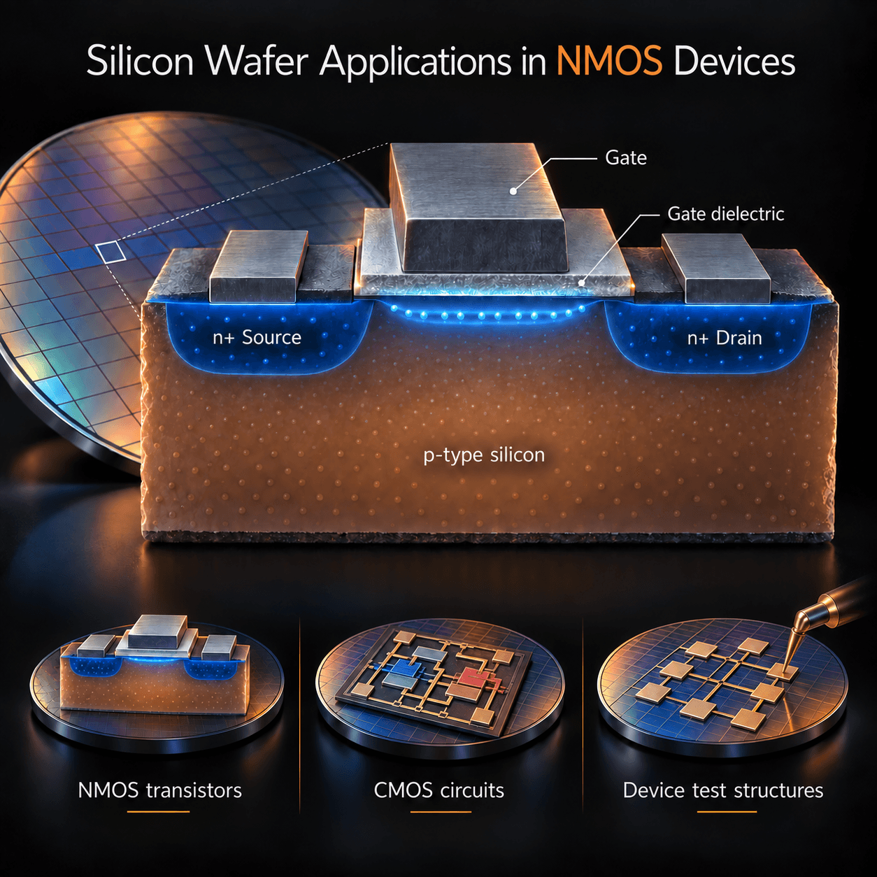 Silicon wafer applications in NMOS transistors, CMOS circuits, and device test structures