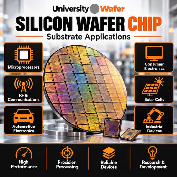 Silicon wafer chip applications in microprocessors, RF communications, automotive electronics, solar cells, and industrial semiconductor devices
