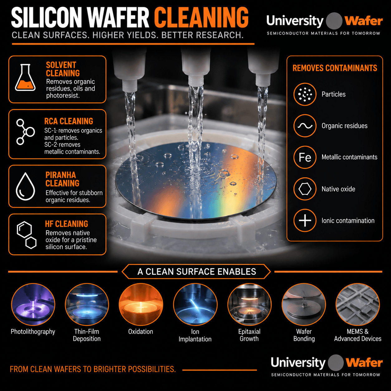 Silicon wafer cleaning applications including RCA cleaning, piranha cleaning, solvent cleaning, HF oxide removal, photolithography, thin-film deposition, epitaxial growth, wafer bonding and MEMS