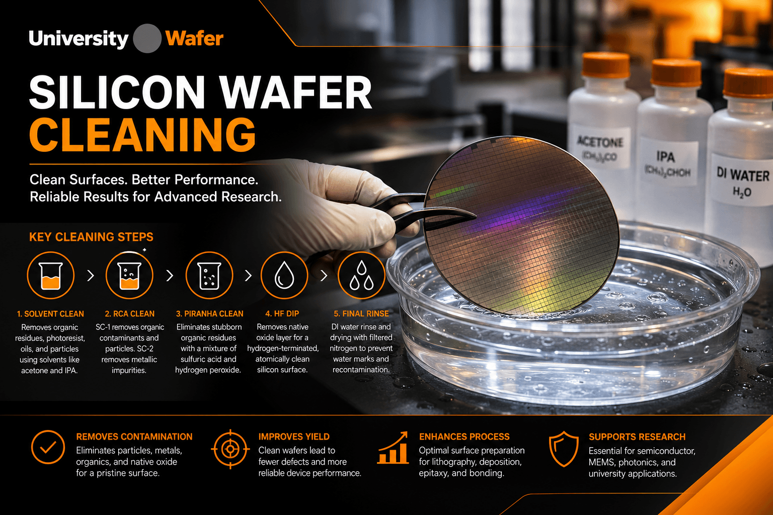 Silicon wafer cleaning process including RCA cleaning, solvent cleaning, and contamination removal