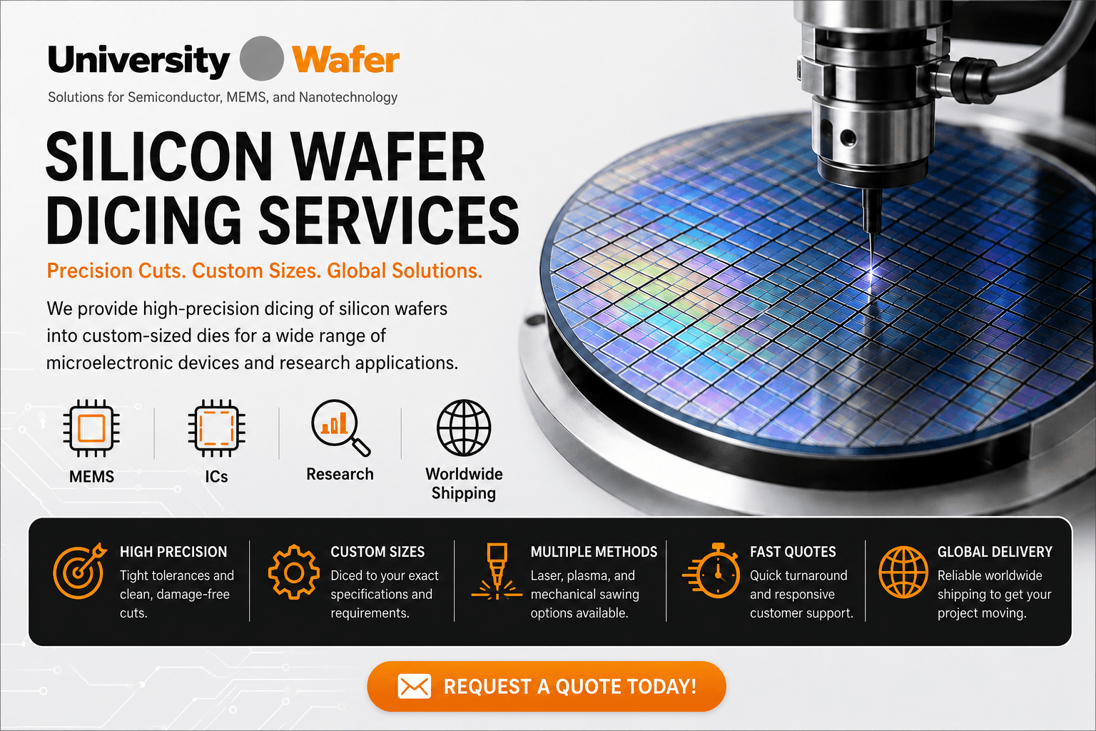 Precision silicon wafer dicing services for custom dies and wafer singulation