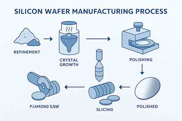 Silicon wafer manufacturing process including refinement, crystal growth, slicing, diamond sawing, polishing, and final polished wafer.