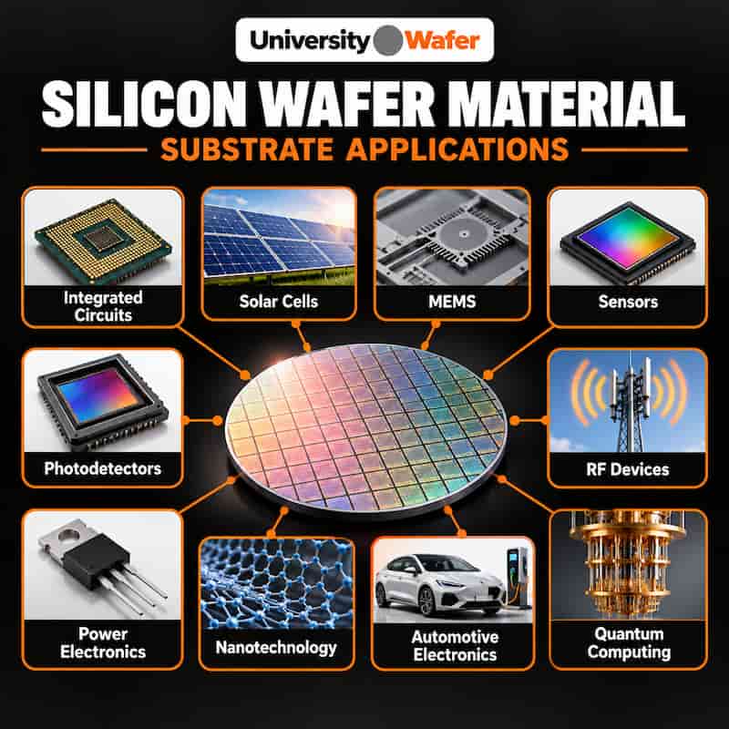 Silicon wafer material applications in integrated circuits, solar cells, MEMS, sensors, photodetectors, RF devices, power electronics, nanotechnology, automotive electronics, and quantum computing