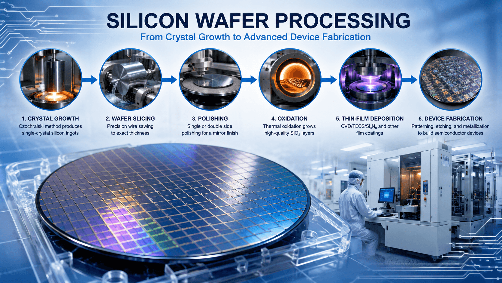 Silicon wafer processing workflow showing crystal growth, wafer slicing, polishing, thermal oxidation, thin-film deposition, and semiconductor device fabrication