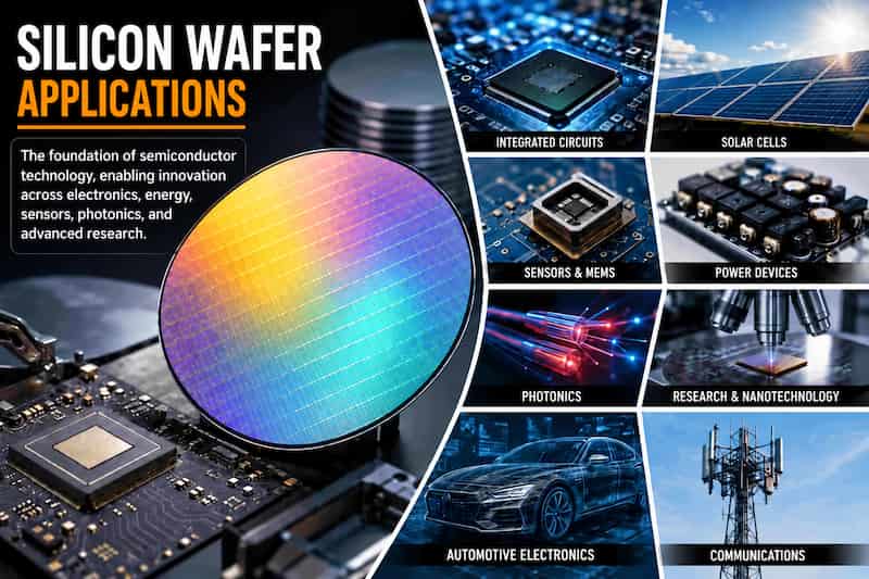 Real-world silicon wafer applications including integrated circuits, solar cells, MEMS sensors, power electronics, photonics, nanotechnology, automotive electronics and communications