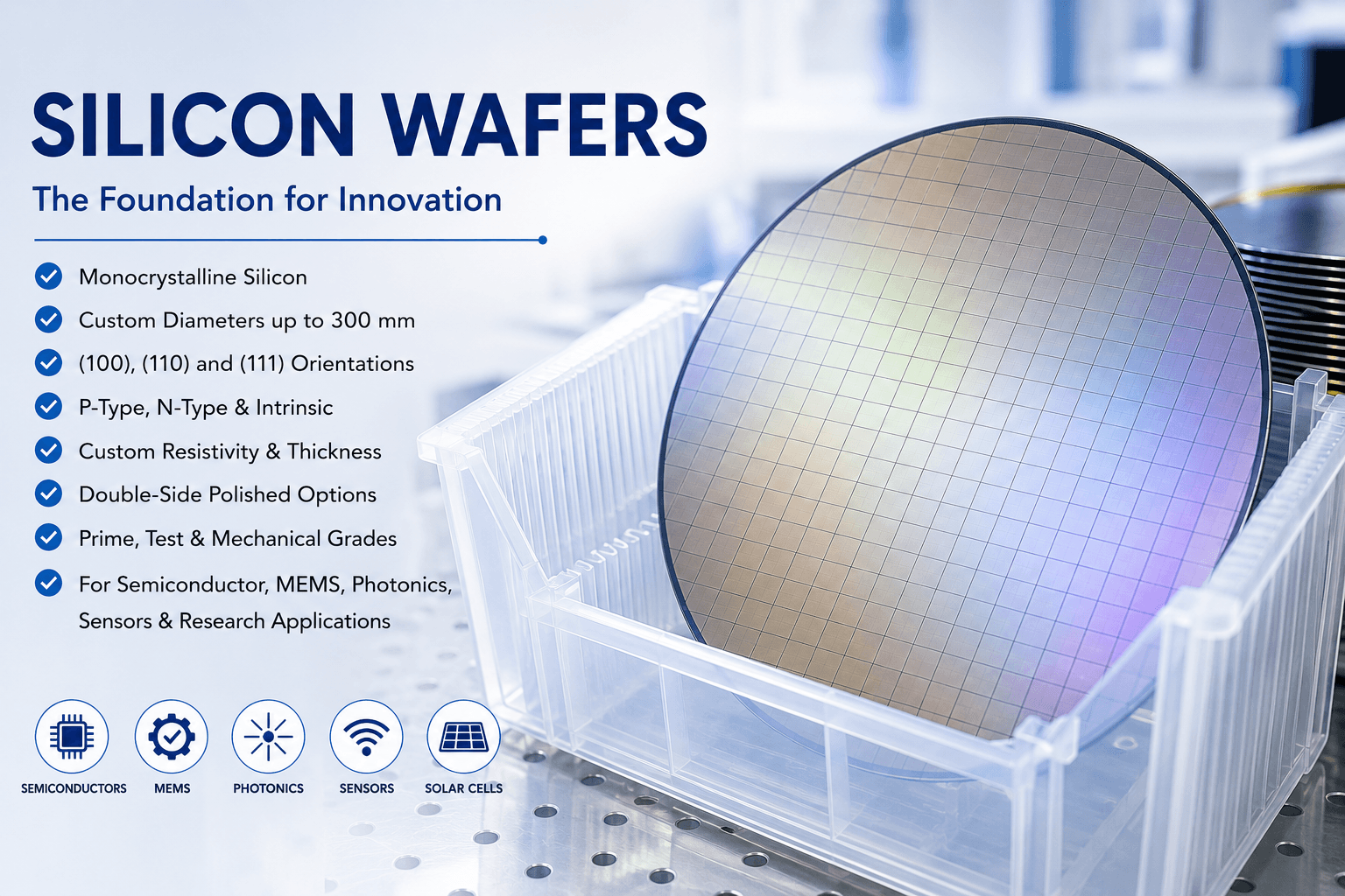 Silicon wafers for semiconductor, MEMS, photonics and university research