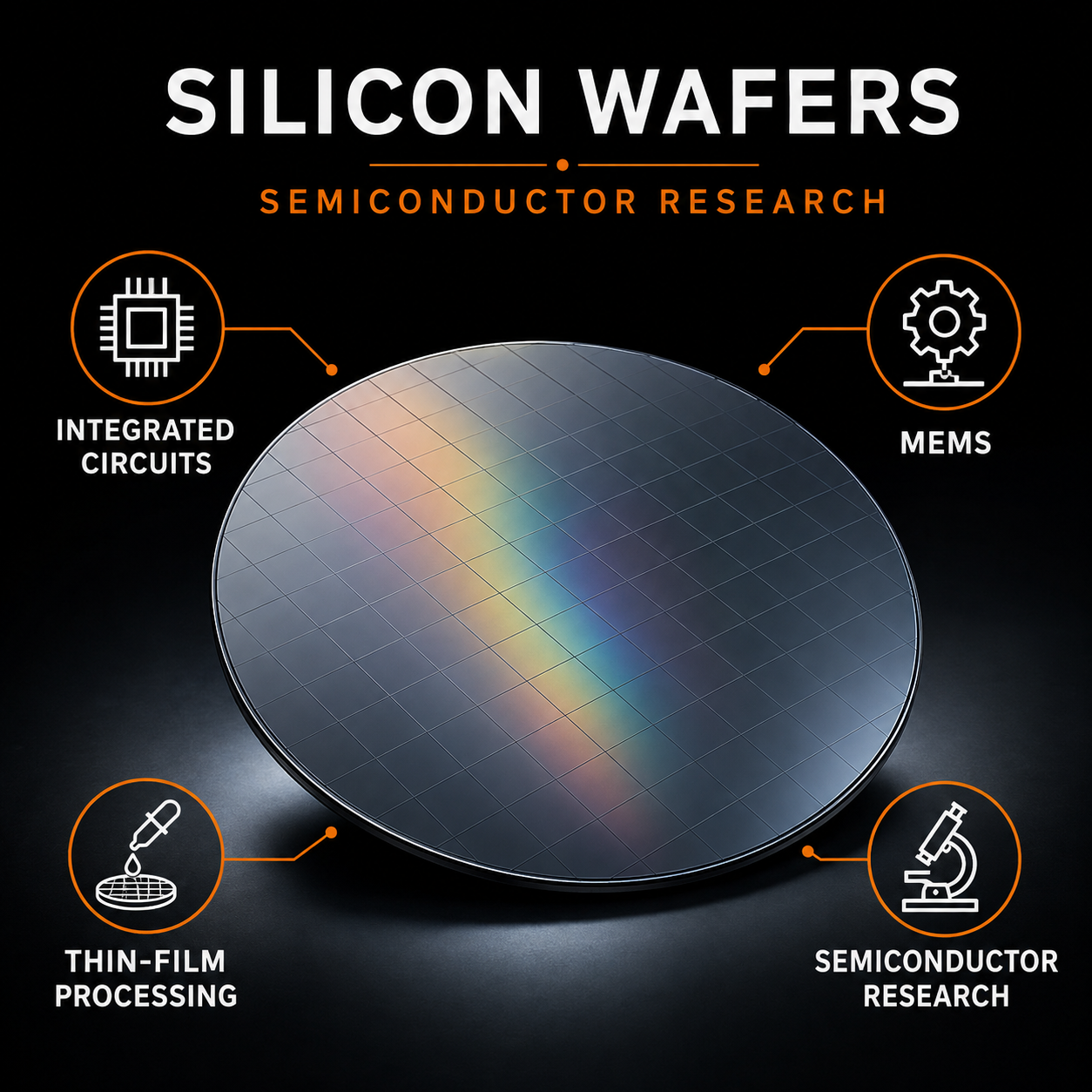 Silicon wafer infographic showing semiconductor research, MEMS, integrated circuits and thin-film processing applications