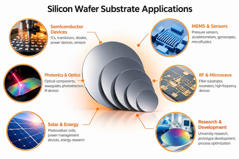 Silicon wafer substrate applications in semiconductor devices, MEMS sensors, photonics, RF electronics, solar energy, and scientific research