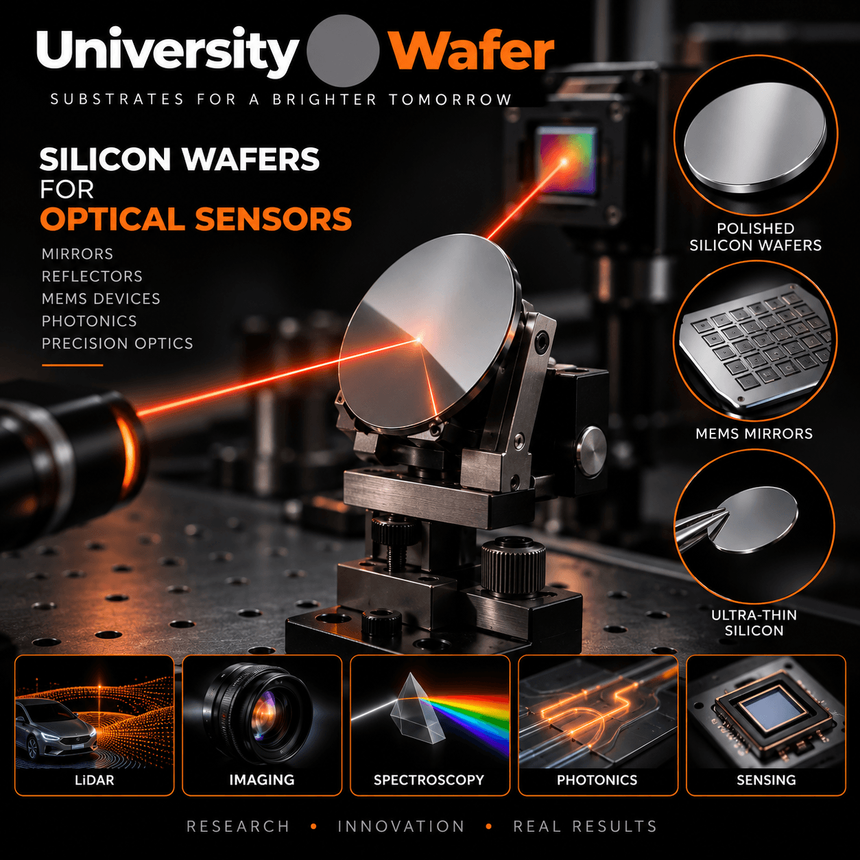 Silicon wafers for optical sensor applications including mirrors, MEMS devices, LiDAR, imaging, spectroscopy, photonics, and sensing